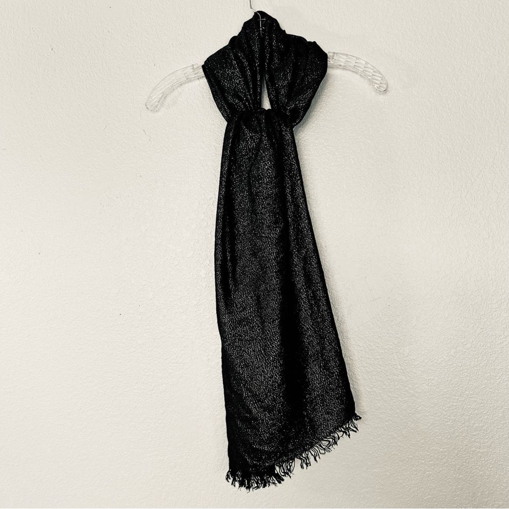Black Metallic Shimmer Scarf Evening Shawl Wrap with Fringe Edges Y2K Style